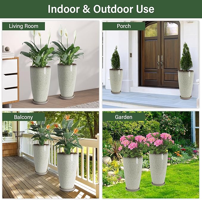 Neoaider Set of 2 Lightweight Ceramic-Look Tall Planter, 21 inch Large Plastic Planter with Drain Hole & Saucers, Large Outdoor Planters for Porch, Garden, Patio, Balcony(Drip Glaze)