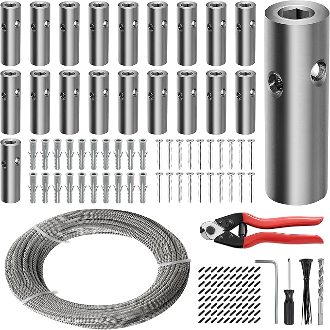 Wire Trellis for Climbing Plants Outdoor, 20-Set Wall Wire Trellis Kit with 1/8in x 98ft Stainless Steel Cable & Cutter, T316 Cylindrical Espalier System for Fence and Garden DIY Projects