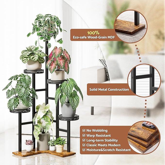Plant Stand 6 Tier Indoor Outdoor Metal Wood Flower Shelf Corner Flower Holders for Living Room Balcony Garden Patio