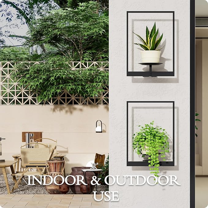 Black Metal Wall Plant Holder - 2-Pack Wall Mounted Plant Stands and Hanging Holders for Indoor Planter and Flower Pot -Rectangle Decor Shelf for Plant Storage (Pot Not Included)