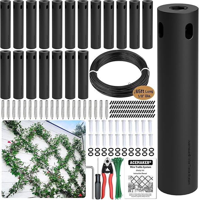Wire Trellis for Climbing Plants Outdoor, 20-Set Black ABS Plastic Wall Wire Trellis Kit with 1/8" x 65ft Vinyl Coated Cable & Cutter, Stainless Steel Cable Espalier System for Garden Fence
