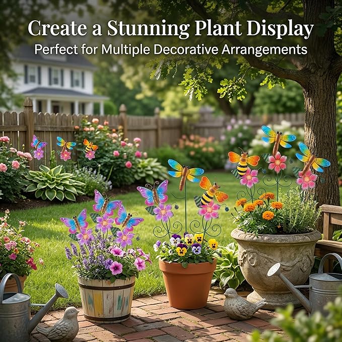 Topadorn Floral Garden Stakes Outdoor Plant Pick Waterproof Metal Flower Garden Stakes for Lawn Yard Patio,Pathway and Planter Pot Decor,Set of 3,Bee,Butterfly and Dragonfly