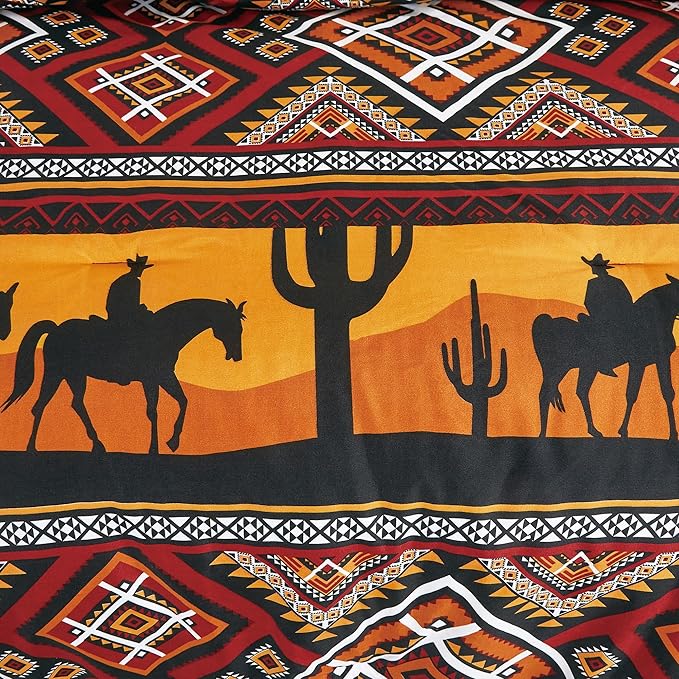 Chezmoi Collection Barrett 3-Piece Southwestern Sunset Cowboys Comforter Set - Multicolor Red Orange Black White Printed Washed Microfiber Bedding, King