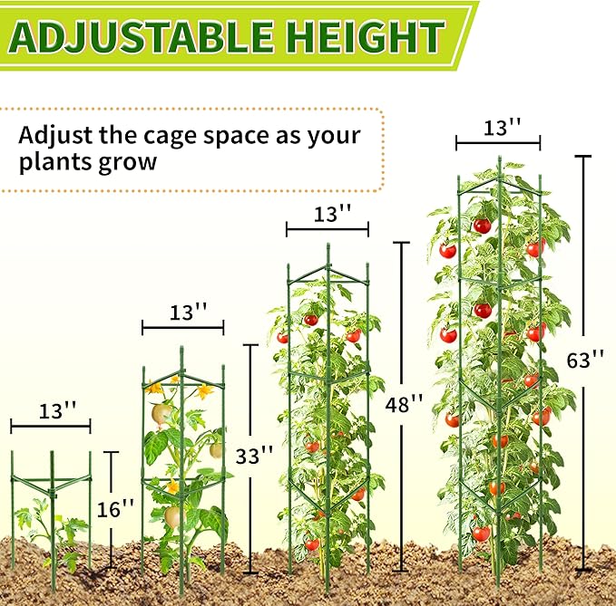 63-Inch Heavy Duty Tomato Cages, 6-Pack Extra Tall Metal Tomato Trellis, Steel Tube Plant Cage for Indeterminate Tomatoes, Cucumbers, Pole Beans – Rust-Proof Coated