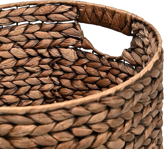 happimess BSK2011B-3SET Avery Bohemian Cottage Handwoven Hyacinth Cylinder Nesting Wicker Storage Baskets with Handles, Brown (Set of 3), Seagrass Containers for Decoration in Living Room, Bedroom