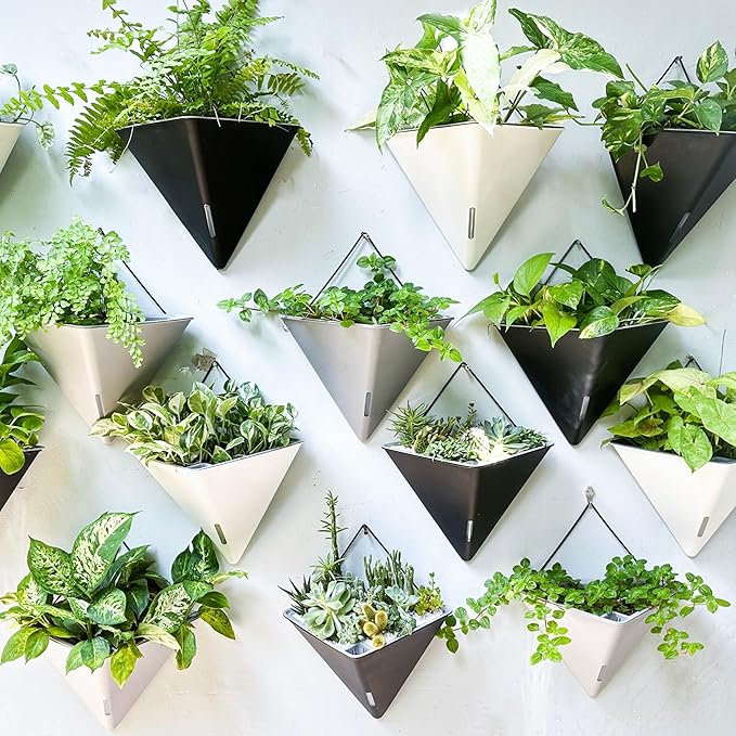LaLaGreen Wall Planters for Indoor Plants - 2 Pack, 12 Inch Large Self Watering White Geometric Hanging Flower Vase Vessel with Metal Hanger, Modern Stylish Wall Mounted Succulent Pot Holder Decor