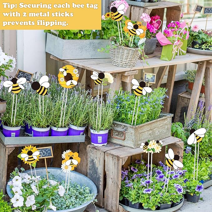 Bee Garden Stake Decor - 12 Pcs Yellow Working Bee Art Stick Floral Picks Garden Yard Metal Decorative Stake Sign Spring Summer Outdoor Backyard Pathway Lawn Plant Flower Pots Decoration
