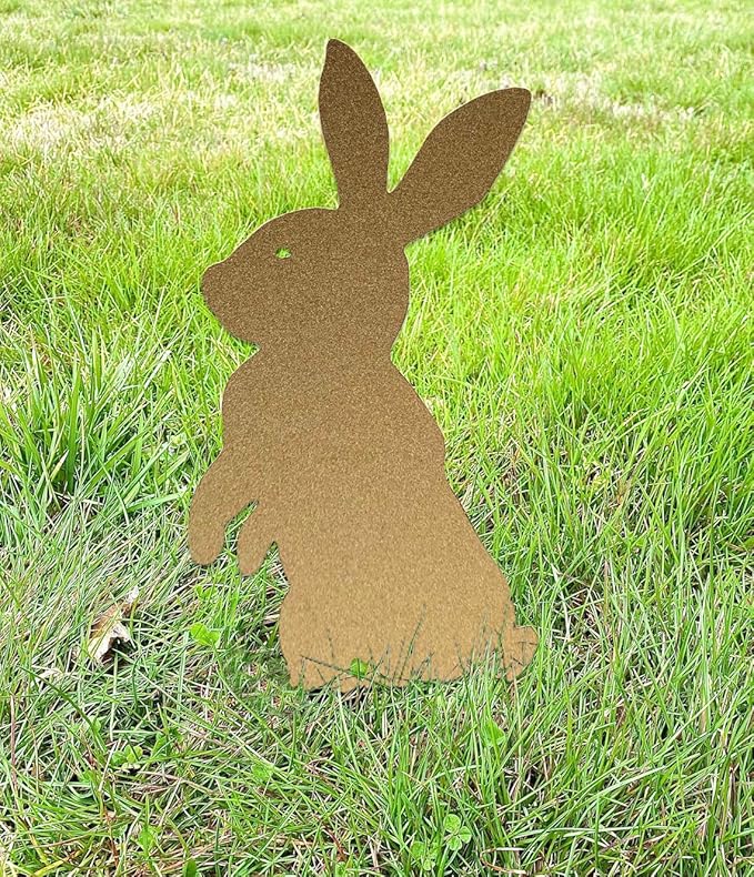 Metal Rabbit Yard Stake, Rustic Rabbit Standing Art, Easter Bunny, Easter Spring Decor, Metal Garden Stake, Metal Yard Art(Brass,11”x20” /28cm x 50cm)