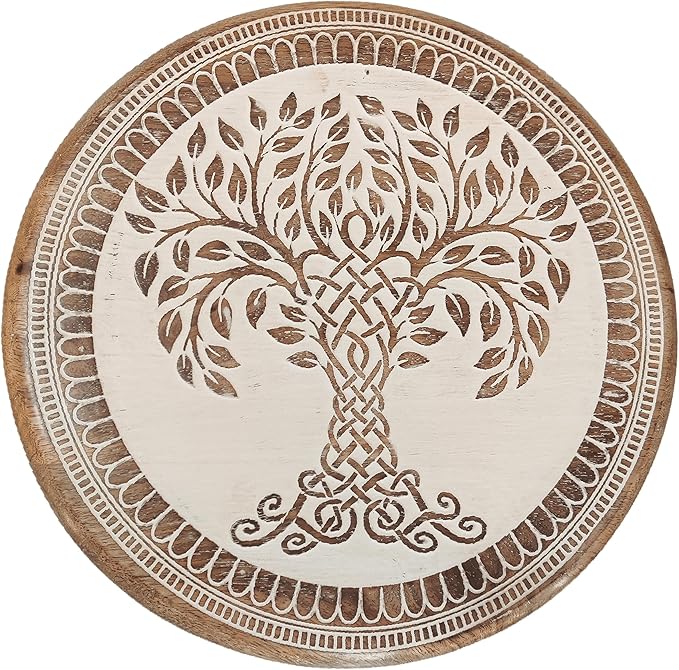 VANIYA CRAFTS® Wooden Engraved Fold-able Side Table/End Table/Plant Stand/Stool for Living Room Bedroom Restaurant Kids Play Furniture Table Round Shape (Natural White 3)