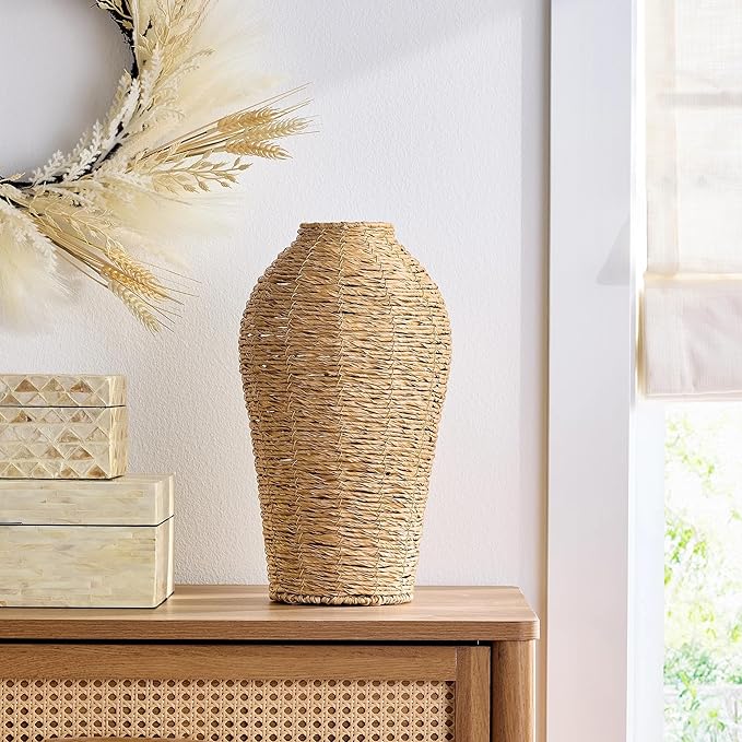 15" Woven Faux Seagrass Floor Vase – Large Decorative Planter, Indoor Greenery Display
