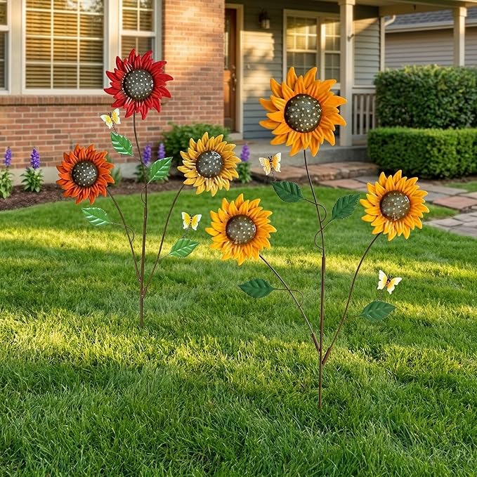 Metal Flowers for Outside, 30-Inch Iron Sunflower Garden Stakes Set of 2, Colorful Metal Yard Art for Outdoor and Garden, Decorative Garden Stakes for Patio & Lawn Decor