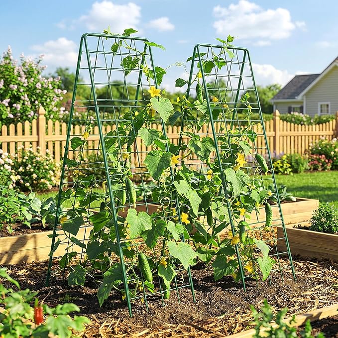 DoCred Cucumber Trellis, 71" H 2 Pack Metal Foldable Upgraded A Frame Garden Trellis for Raised Bed Climbing Plants, Vegetables, Including Plant Support Clips, Twist Ties, Plastic Ties, Green
