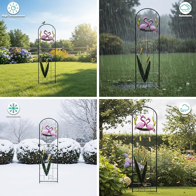 Solar Light Trellis for Climbing Plants Outdoor Made of Metal,Voumsil Flamingo Garden Trellis with Lights for Garden Decor,Court Yard,Balcony