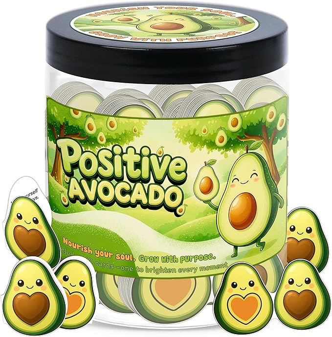 Positive Avocado Jar with 60 Daily Affirmation Cards, Emotional Support Avocado Decor, Gift for Women and Teens, Inspirational Mental Health Jar for Friends Seeking Good Luck and Encouragement