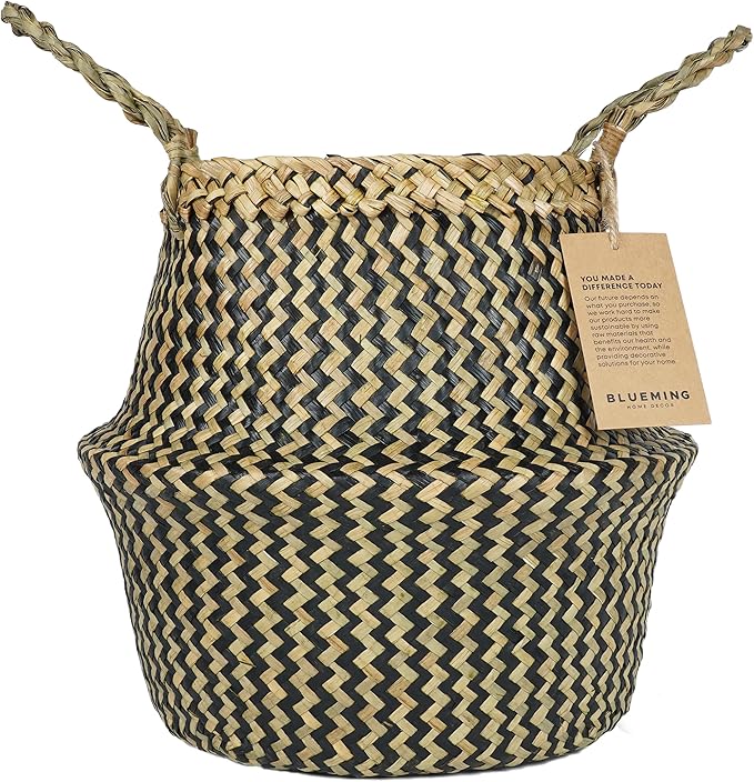 Blueming Wicker Plant Basket – Small 8-9 Inch Medium Seagrass Pot for Faux Olive Tree, Snake Plant or Houseplants, Black Decorative Planter for Home Decor