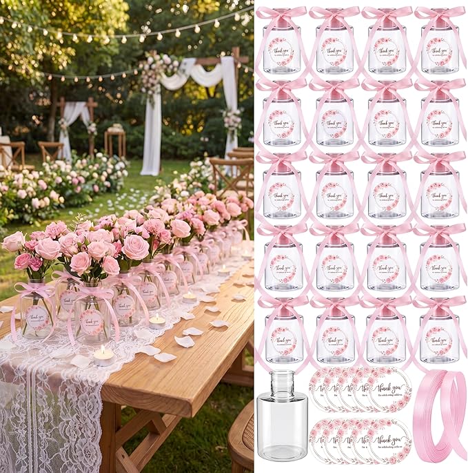 30 Set 4.33'' Plastic Plant Propagation Stations Gifts Bulk 4oz Plant Propagation Jars Planter Vase with Thank You Tags and Ribbons for Guests Wedding Bridal Shower(Pink Flowers)
