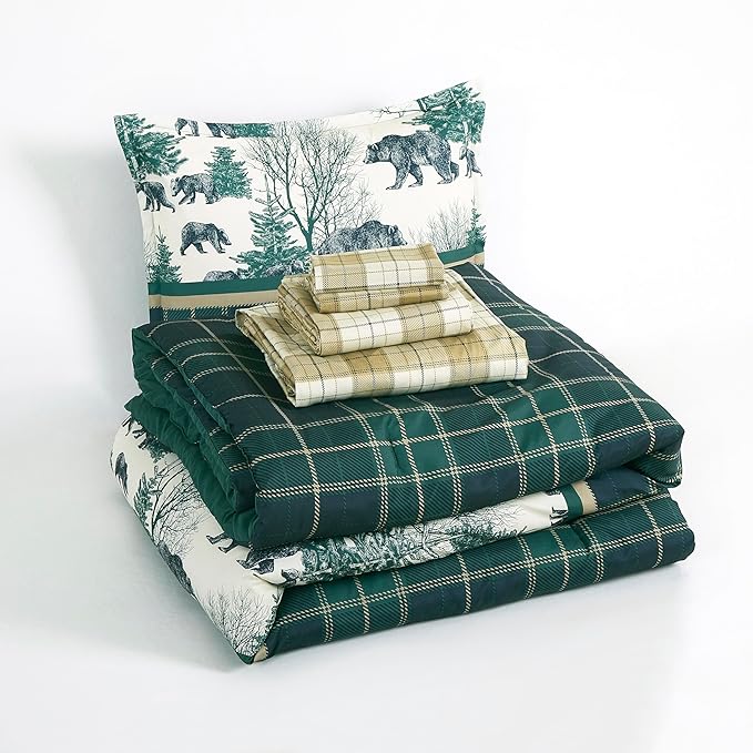 Chezmoi Collection Alpine 7-Piece Northwest Cabin Lodge Bed in a Bag Queen Comforter Set - Blue Green Ivory Tan Grizzly Bear Pine Tree Wilderness Printed Microfiber Bedding Set