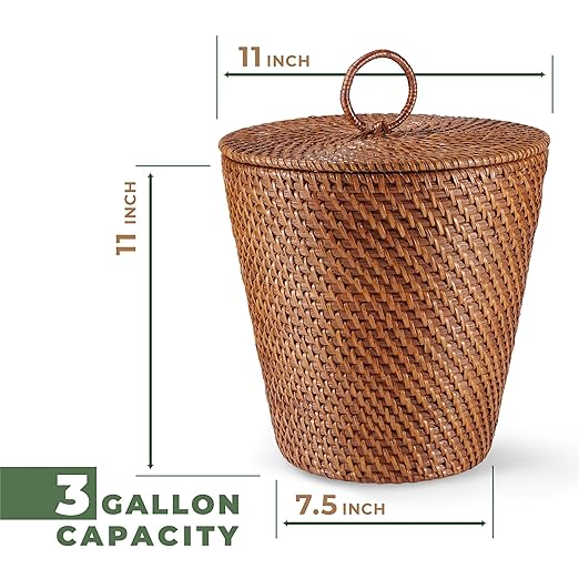 84ECO 3 Gallon Rattan Trash Can with Lid and Liner - Wicker Trash Can for Bathroom, Bedroom, Kitchen, Living Room