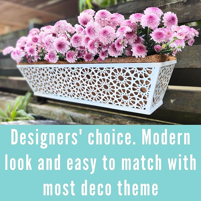 LaLaGreen Window Boxes Planters for Outdoor Plants (2 Pack, 24 Inch) Rectangular Fence Hanging White Metal Deck Railing Flower Box with Coco Liner Modern Horse Troughs Balcony Patio Porch Rail Decor
