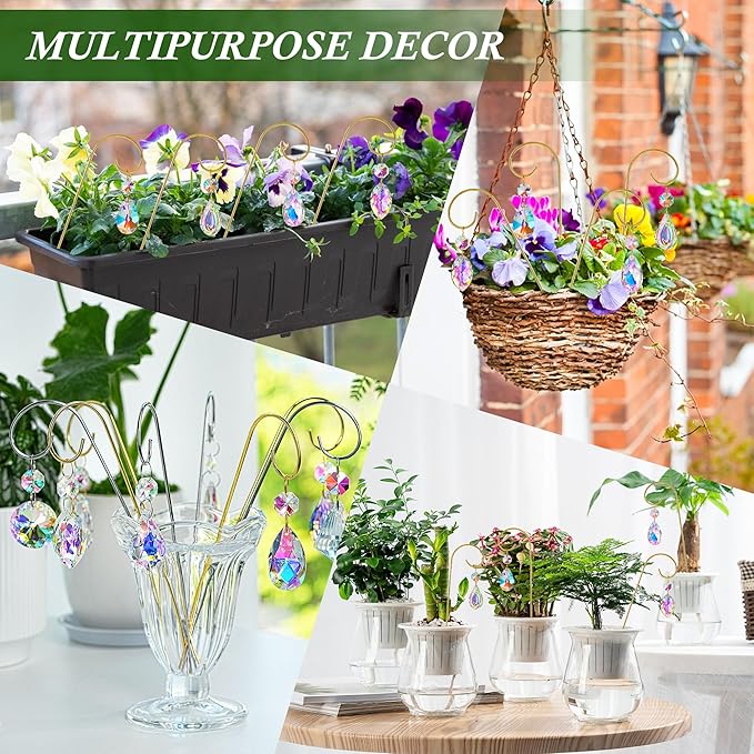 HDCRYSTALGIFTS 4PCS Small Trellis for Mini Potted Plants Indoor Decorations with Crystal Prisms Sun Catchers, 7.5inch Metal Plant Stakes Suncatchers for Fairy Garden Rainbow Crystals