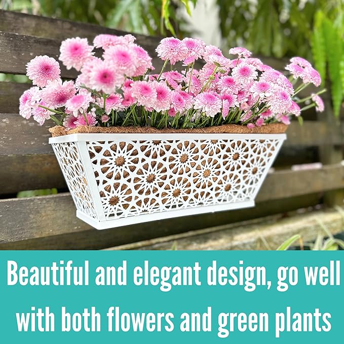 LaLaGreen Window Boxes Planters for Outdoor Plants (2 Pack, 16 Inch) White Metal Rectangular Wall Hanging Planters Deck Railing Flower Box with Coco Liners, Trendy Horse Troughs Balcony Patio Porch