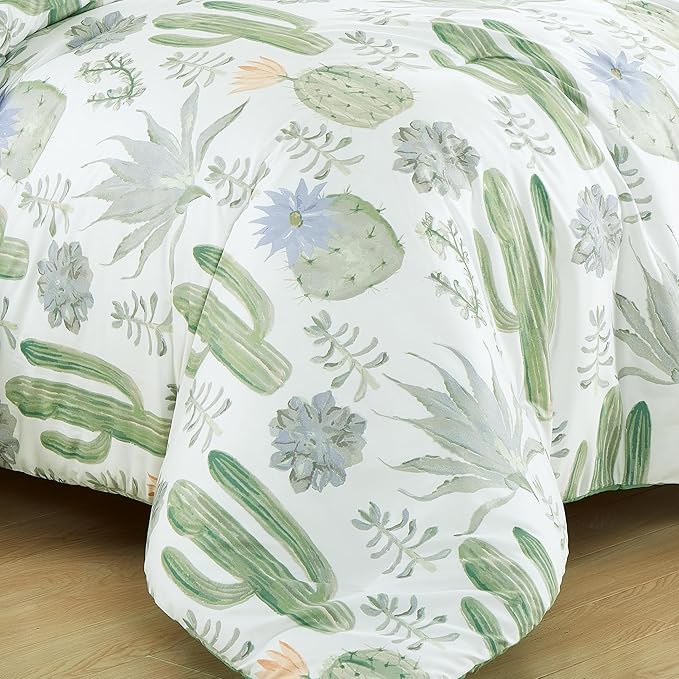 Chezmoi Collection Gregory 7-Piece Serene Lodge Bed in a Bag Full Comforter Set - Green Blue Cactus Succulent Plant Printed Microfiber Bedding Set