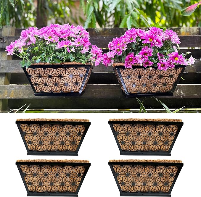 LaLaGreen Window Boxes Planter for Outdoor Plants (4 Pack, 12 Inch) Black Metal Small and Cute Rectangular Flower Pot Wall Planters Trendy Horse Trough Deck Fence Railing Balcony Patio Rail Home Decor