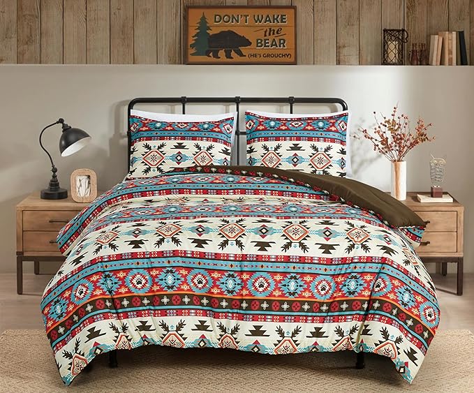 Chezmoi Collection Tona 3-Piece Southwestern Geometric Motif Comforter Set - Multicolor Red Brown Blue Cream Printed Washed Microfiber Bedding, Full
