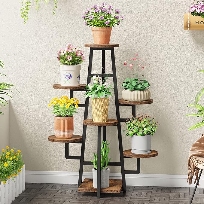 LITTLE TREE 7 Tier Plant Stand Indoor Tall Plant Shelf Corner Plant Pots Holder Rack Flower Stand for Living Room Balcony Garden, Rustic Brown