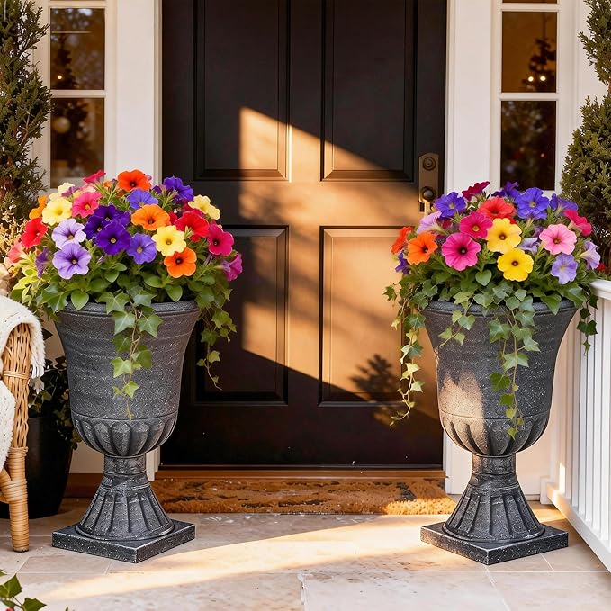 Autodaya 22" Timeless Urn Planters for Outdoor Plants, Set of 2 Plastic Large Flower Pot with Handmade Washed Black Finish, Weather-Resistant for Porch, Garden, Patio or Indoor Use