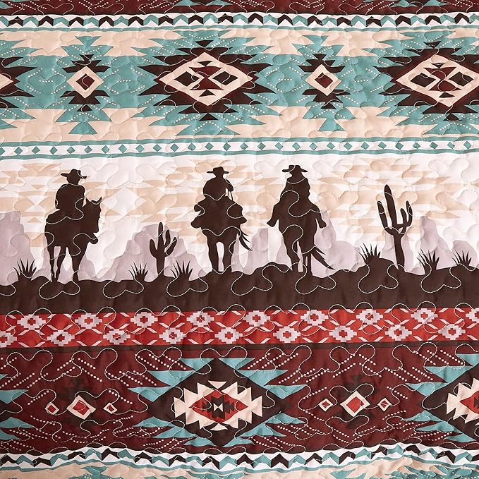 Chezmoi Collection Dune 3-Piece Southwestern Cowboys Aztec Quilt Set - Multicolor Teal Brown Beige Tan Red Printed Microfiber Bedspread Set, King (118" x 95")