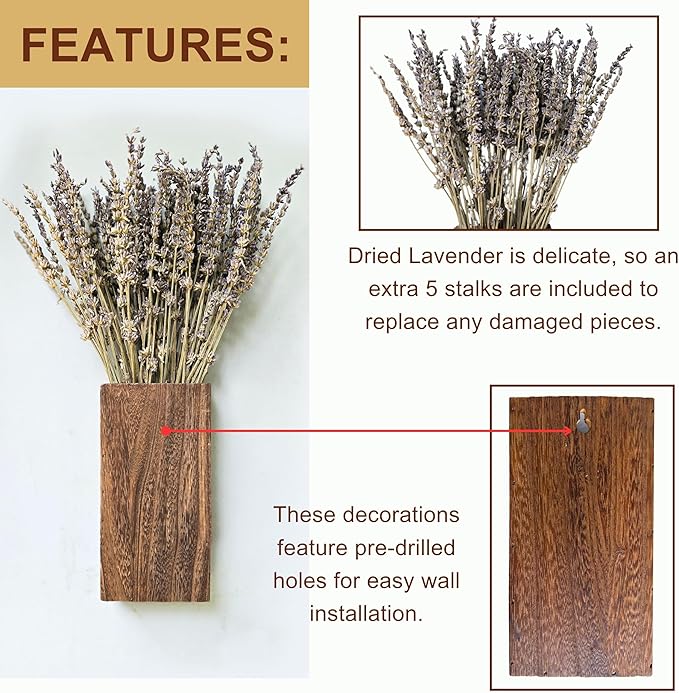 LaLaGreen Wood Wall Planters (8 Inch, 2 Pack) 150 Stalks of Lavender Dried Flower, Wooden Box Vases for Indoor Hanging Planter Rustic Decor Home Living Room Bathroom Modern Farmhouse Trendy Decoration