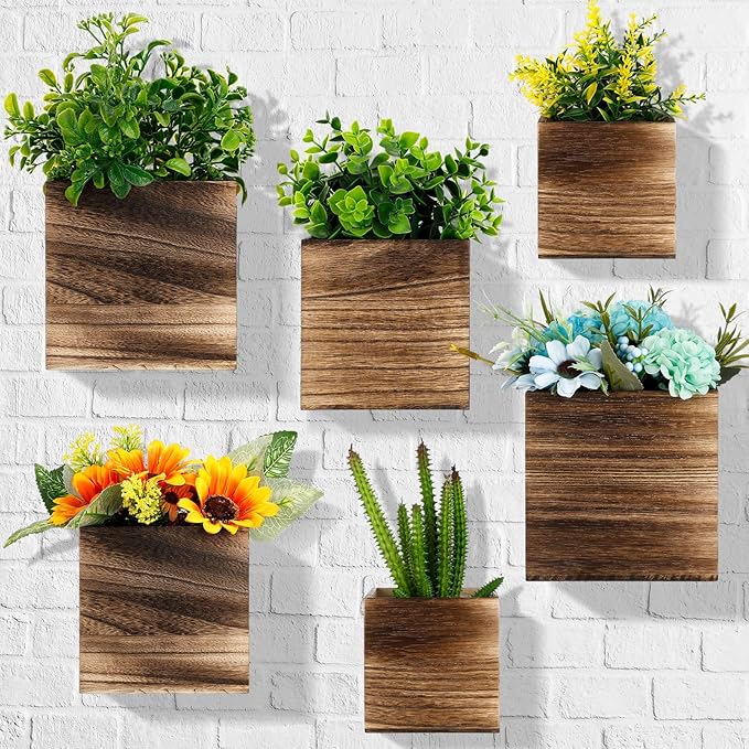 Ziliny 6 Pack Rustic Wood Wall Planters Hanging Wall Planters Pocket Vases Hanging Decor Vase for Plants Dried Flowers Faux Greenery Plants Indoor Living Room Bedroom Farmhouse Home Decor (3 Sizes)