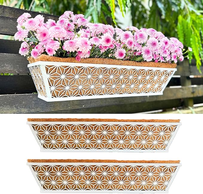 LaLaGreen Window Boxes Planter (2 Pack, 24 Inch) White Metal Rectangular Wall Planters with Coco Liner, Horse Trough Deck Railing for Outdoor Plants Holder, Modern Rail, Balcony, Fence, Porch Patio