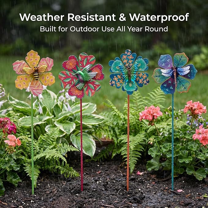 Topadorn Metal Floral Garden Stakes Waterproof Wind Spinner Decor - Colorful Windmill Design for Patio, Lawn, Garden, for Plant Lovers,4 Pack