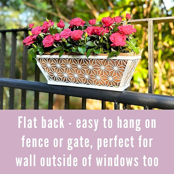 LaLaGreen Window Boxes Planter (2 Pack, 16 Inch) White Metal Rectangular Wall Planters with Coco Liner, Horse Trough Deck Railing for Outdoor Plants Holder, Modern Rail, Balcony, Fence, Porch Patio