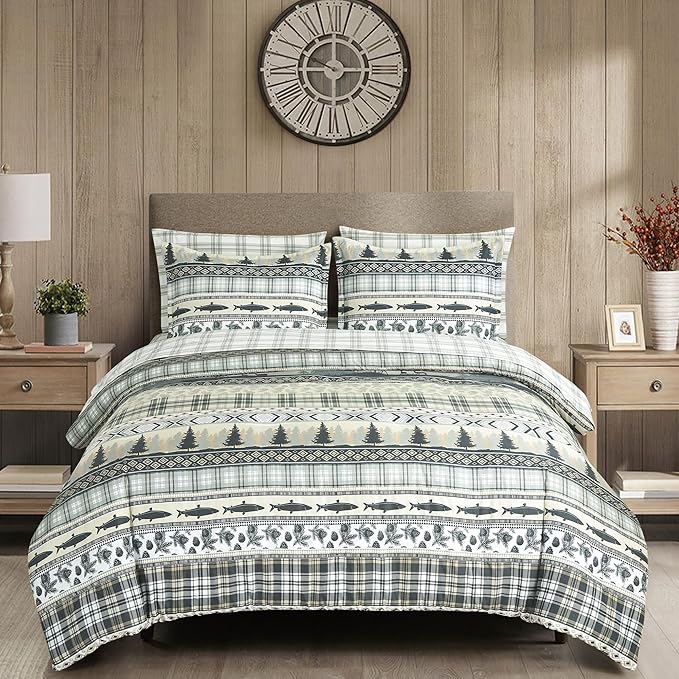Chezmoi Collection Ridge 7-Piece Northwest Cabin Lodge Bed in a Bag California King Comforter Set - Multicolor Pine Tree Fish Deer Printed Microfiber Bedding Set