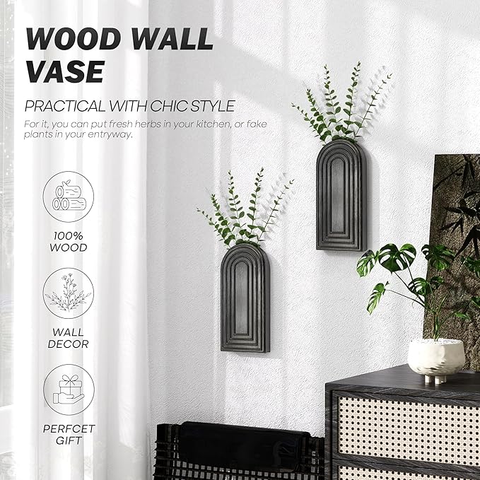 EOSAHR Pine Wood Wall Vases Set of 2 – Modern Wall Decor & Hanging Planters for Indoor Plants – Boho Home Decor Accent with Rustic Charm for Living Room, Kitchen & Bedroom (Black)