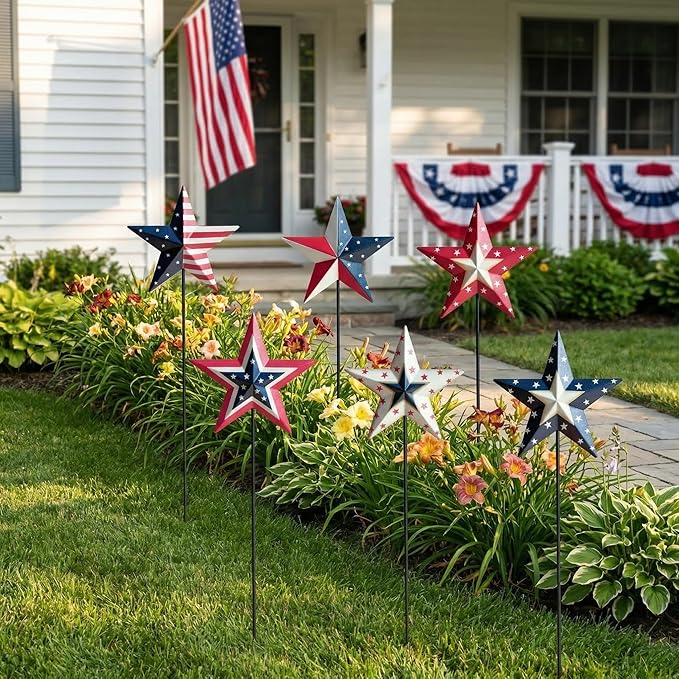 4th of July Decorations Outdoor 19" Metal Barn Star 6-Pack, Patriotic Outdoor Decorations, Rustic Iron Decorative Garden Stakes with American Flag Stars for Yard Patio Lawn