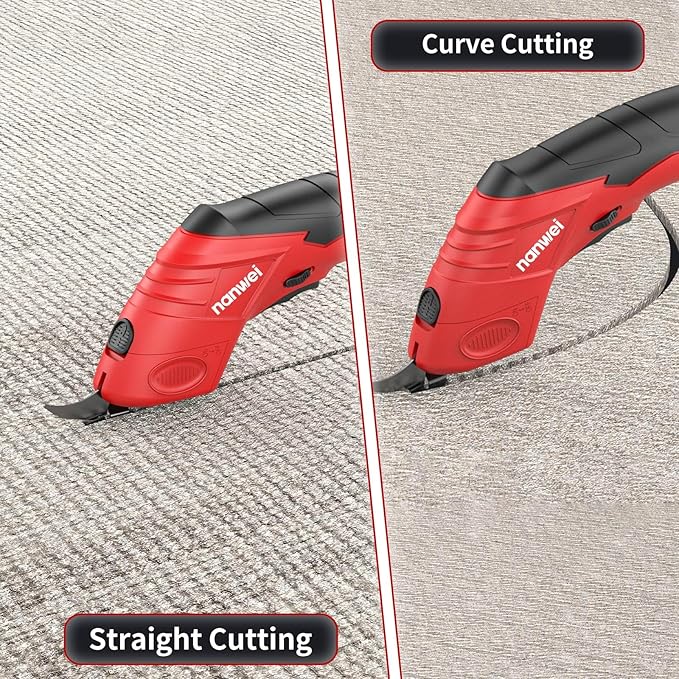 NANWEI Electric Scissors Cordless, Type-C Rechargeable Cardboard Cutter with 2 Blades, 4.2V High‑torque Motor, for Fabric Carpet Leather (Red)