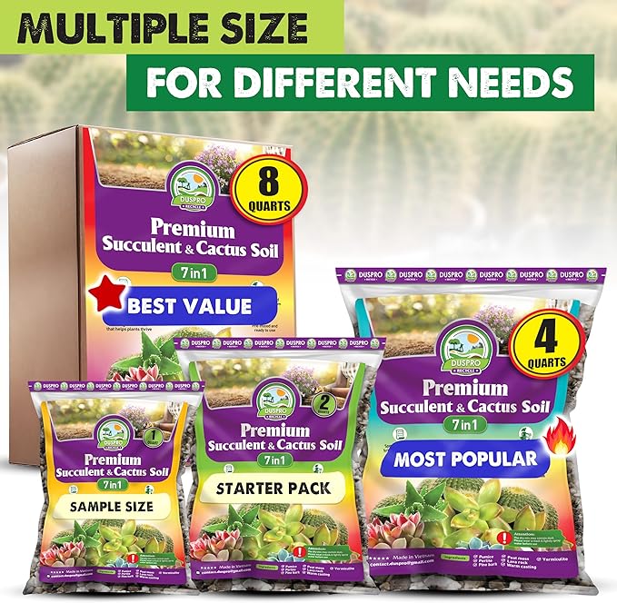 DUSPRO Succulents Soil Potting Mix – 7 in 1 Ingredients Well-Draining, Nutrient-Rich Cactus Potting Soil for Succulents and Cacti, Indoor & Outdoor Use, Ready to Use, Supports Healthy Root Growth, 8QT