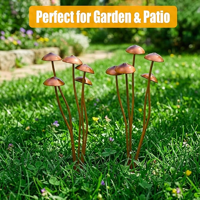 Mushroom Garden Plant Stakes – 2pcs Metal Statue Decor, Rust-Proof Iron Ground Ornament, Decorative Art Accessories for Outdoor Patio Lawn Yard, Flower Pot, Potted Plants, Indoor Gardeners Gift Lovers