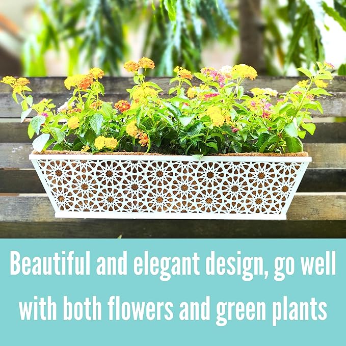 LaLaGreen Window Boxes Planters for Outdoor Plants (2 Pack, 24 Inch) Rectangular Fence Hanging White Metal Deck Railing Flower Box with Coco Liner Modern Horse Troughs Balcony Patio Porch Rail Decor