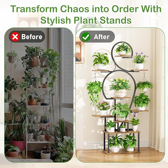 POZILAN Plant Stand Indoor with Grow Lights, 63'' Tall Indoor Plant Shelf, 9 Tiered Lighted Plant Stands for Living Room, Metal & Wood Corner Large Flower Holder for Alcony, Patio & Home, Black