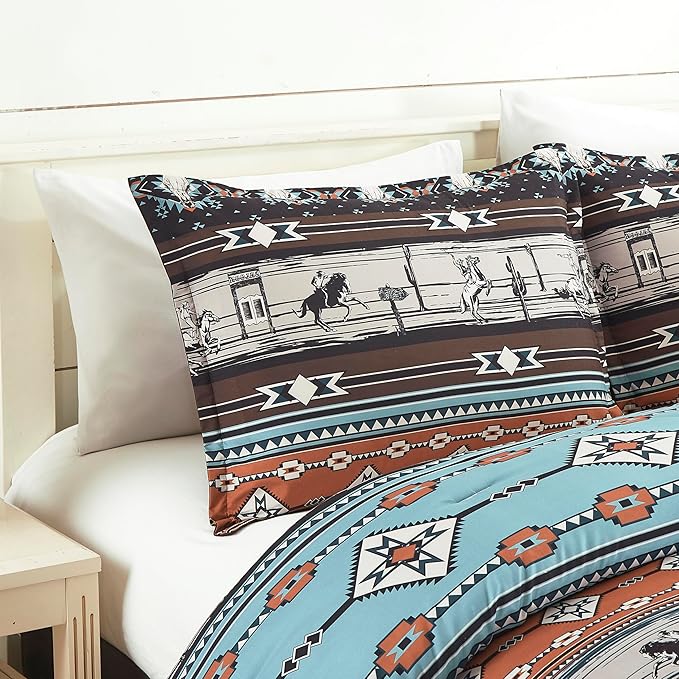 Chezmoi Collection Sawyer 3-Piece Southwestern Cowboys Rodeo Comforter Set - Multicolor Blue Brown Beige Clay Printed Washed Microfiber Bedding, King