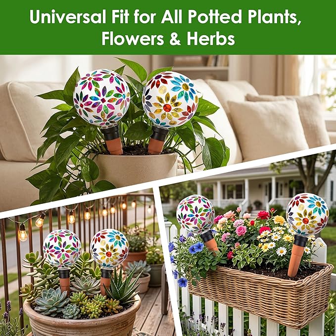 Terracotta Watering Spikes Mosaic Watering Globes for Outdoor Plants 2 Pack Automatic Plant Waterer Watering Devices Water Bulbs