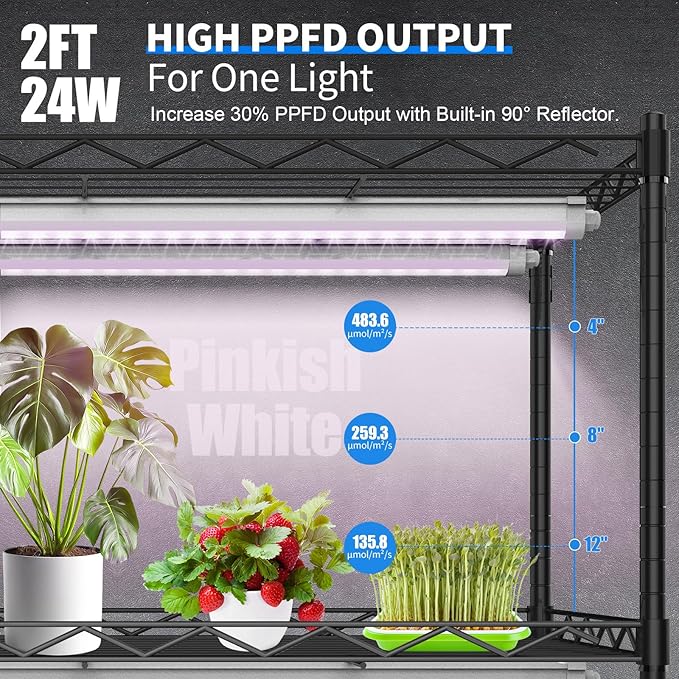 JESLED Waterproof Plant Grow Lights, 2FT Full Spectrum Grow Light, 48W(2 X 24W,300W Equiv), Linkable Led Grow Light Strip for Greenhouse, Plant Shelves, Plug and Play, Pinkish White, 2-Pack