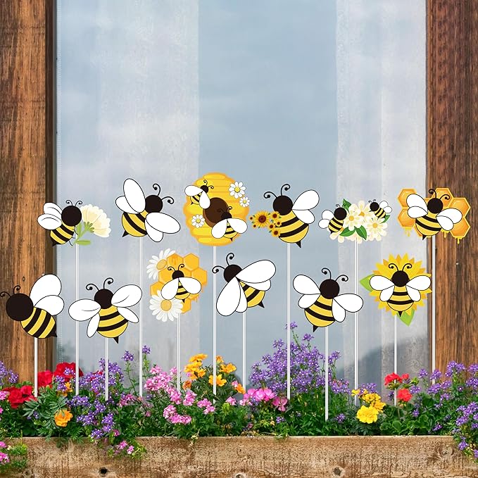 Bee Garden Stake Decor - 12 Pcs Yellow Working Bee Art Stick Floral Picks Garden Yard Metal Decorative Stake Sign Spring Summer Outdoor Backyard Pathway Lawn Plant Flower Pots Decoration