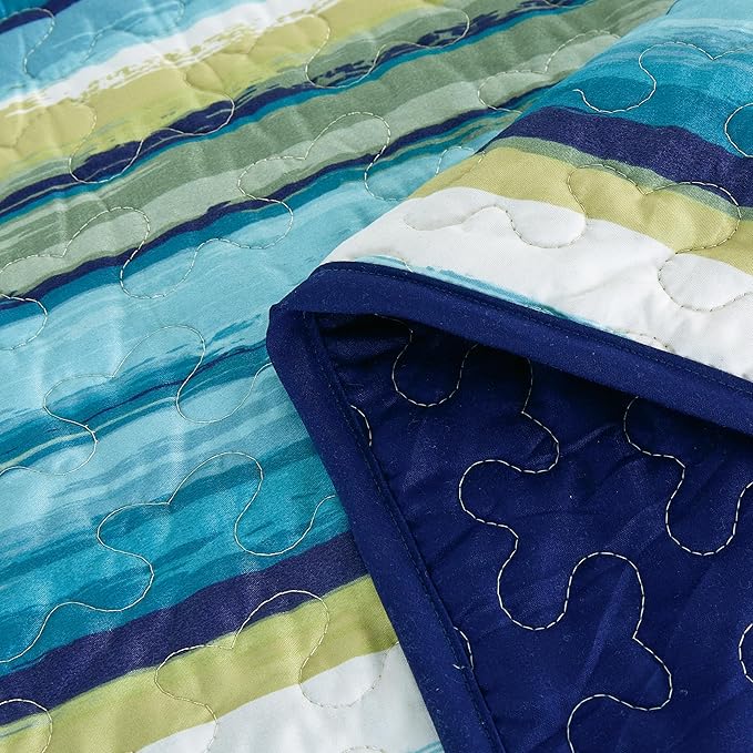 Chezmoi Collection Morgan 3-Piece Striped Quilt Set - Green Blue White Striped Printed Microfiber Lightweight Quilted Bedspread Set, King (118" x 95")