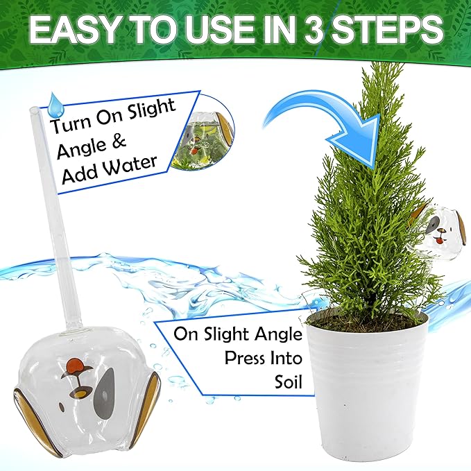 Aqua Glass Plant Watering Globes Automatic Self Watering Plant Insert Spike Orbs - Indoor Outdoor Plant Drip Irrigation - For Flowers, Herbs, Houseplants (Puppy Dog Globes, 4, Units)